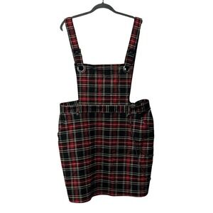 Hell Bunny Clash Pinafore Overall Dress Red Plaid Mini Skirt Chain Women's 3XL